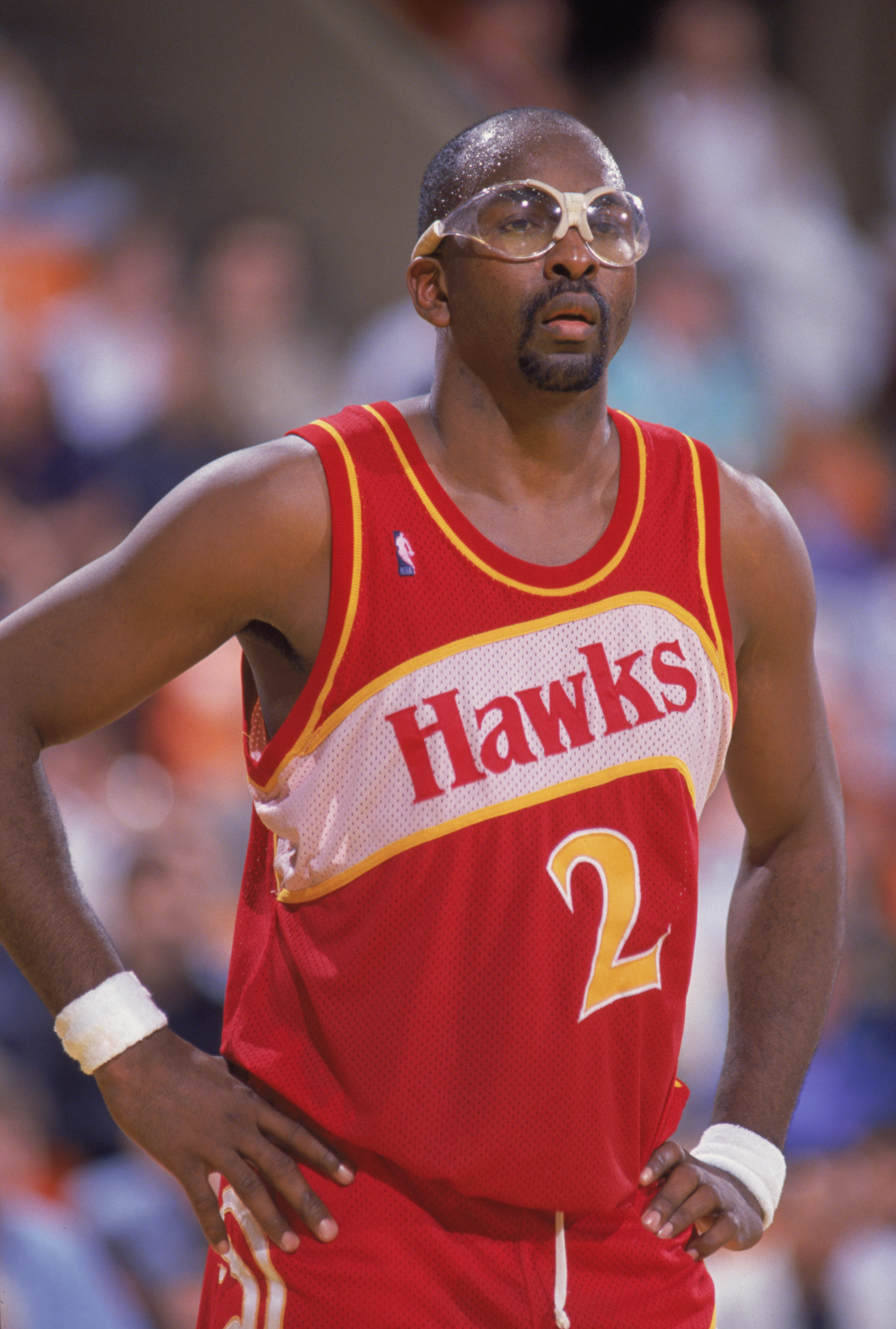 INGLEWOOD, CA - 1988:  Moses Malone #2 of the Atlanta Hawks stands on the court during a NBA game against the Los Angeles Lakers at the Great Western Forum in Inglewood, California in 1988.  (Photo by Mike Powell/Getty Images)