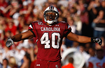 COLUMBIA, SC - NOVEMBER 28:  Eric Norwood #40 of the South Carolina Gamecocks celebrates a second half play against the Clemson Tigers at Williams-Brice Stadium on November 28, 2009 in Columbia, South Carolina.  (Photo by Scott Halleran/Getty Images)