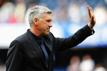 LONDON, ENGLAND - MAY 15:  Carlo Ancelotti the Chelsea manager acknowledges the home fans following the Barclays Premier League match between Chelsea and Newcastle United at Stamford Bridge on May 15, 2011 in London, England.  (Photo by Michael Regan/Gett