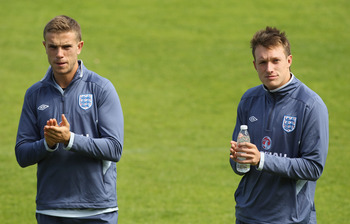 FREDERICIA, DENMARK - JUNE 09:  Jordan Henderson (L) and Phil Jones (R) during the England under 21's training session at Monjasa Park stadium on June 9, 2011 in Fredericia, Denmark.  (Photo by Ian Walton/Getty Images)