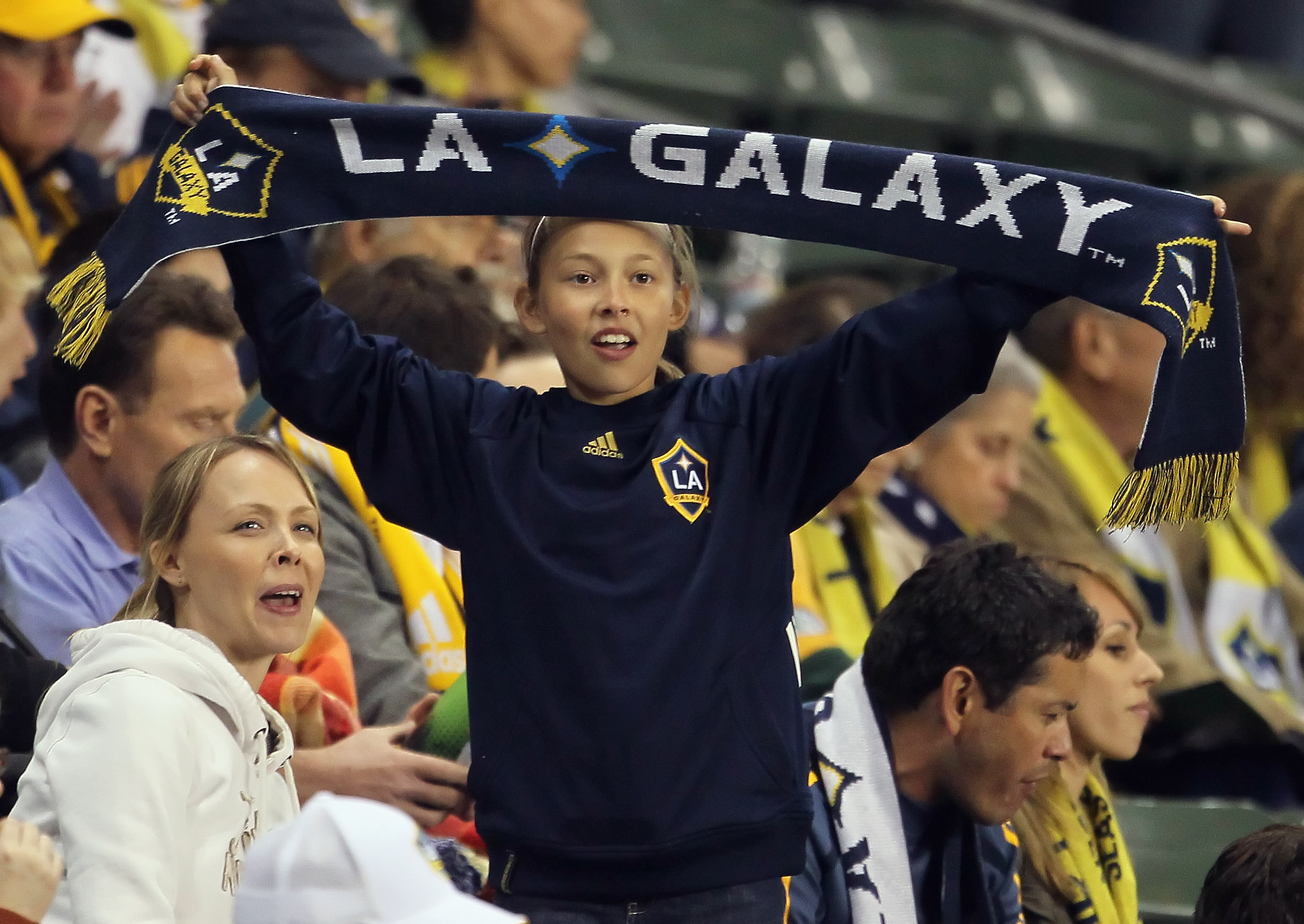CARSON, CA - MAY 07: A Los Angeles Galaxy fan shows her support during the game against the New York Red Bulls at The Home Depot Center on May 7, 2011 in Carson, California. (Photo by Jeff Gross/Getty Images)