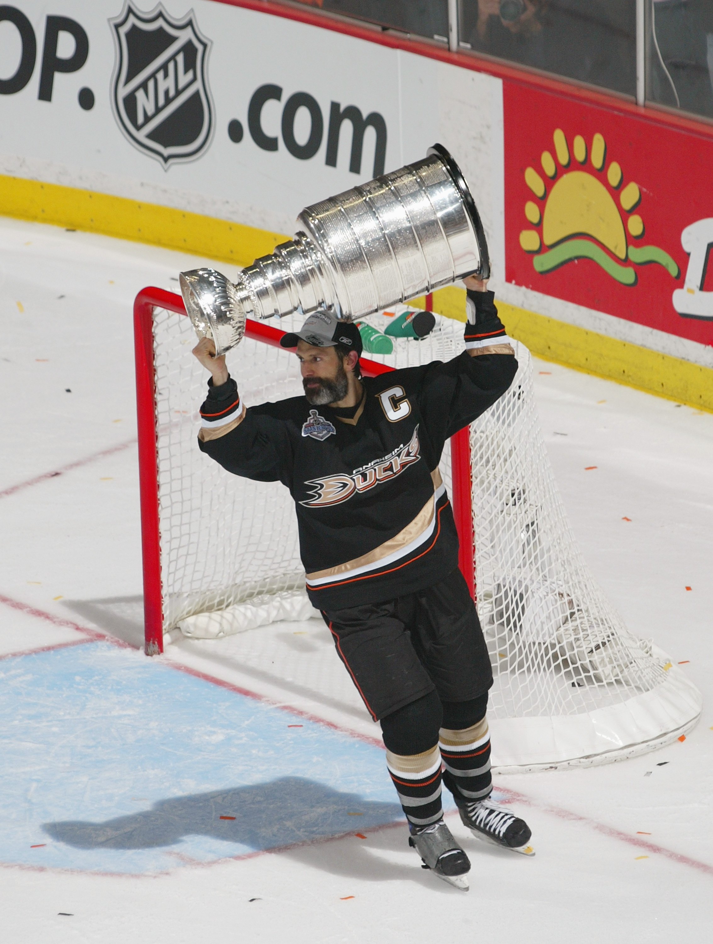 ANAHEIM, CA - JUNE 06:  Scott Niedermayer #27 of the Anaheim Ducks hoists the Stanley Cup after his team's victory over the Ottawa Senators during Game Five on June 6, 2007 at Honda Center in Anaheim, California. The Ducks defeated the Senators 6-2 to win