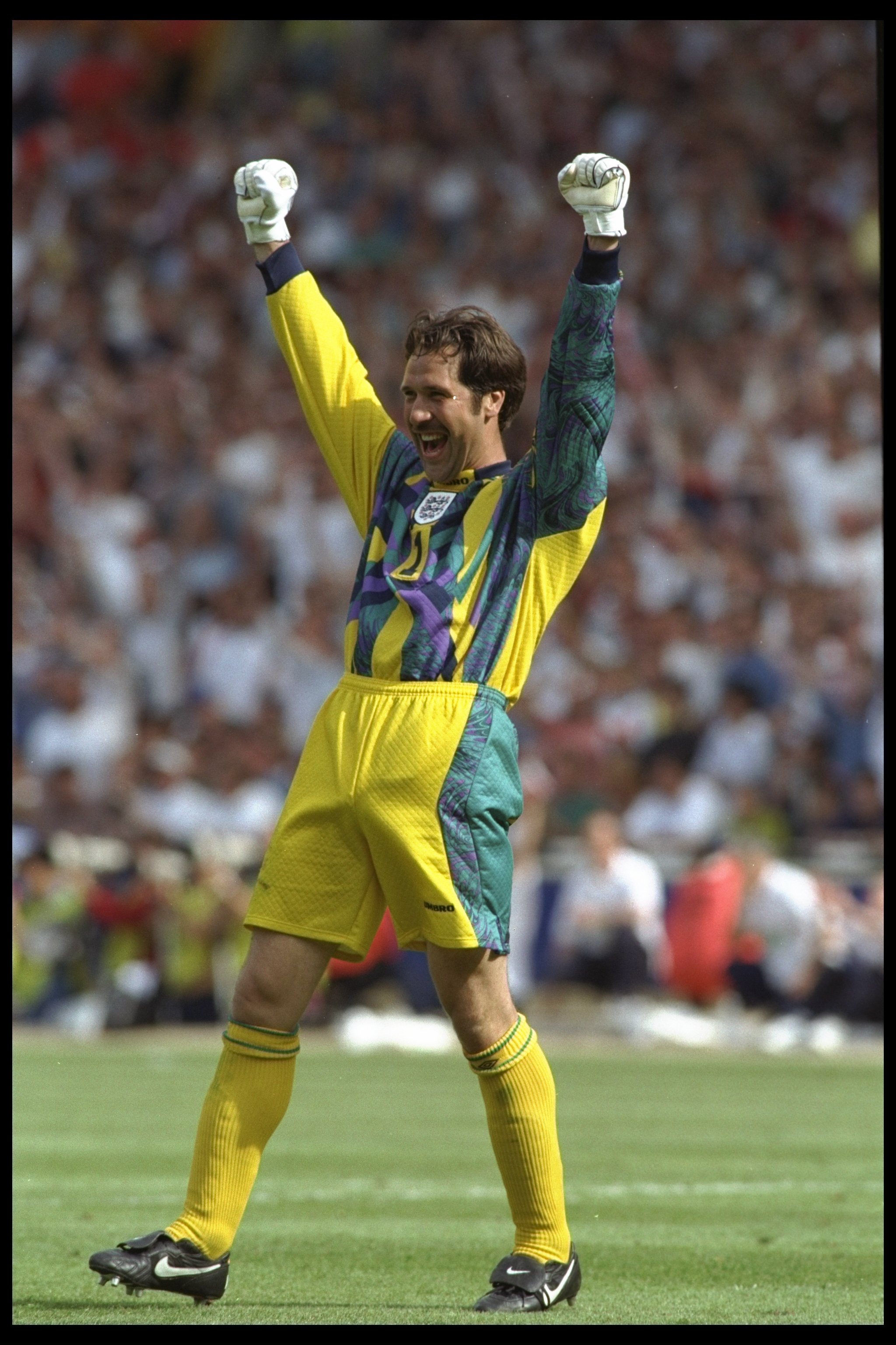 15 Jun 1996:   Goalkeeper David Seaman celebrates victory at the end of the England v Scotland match in Group A of the European Football Championships at Wembley. David Seaman, who was capped 75 times for England, announced his decision to retire January