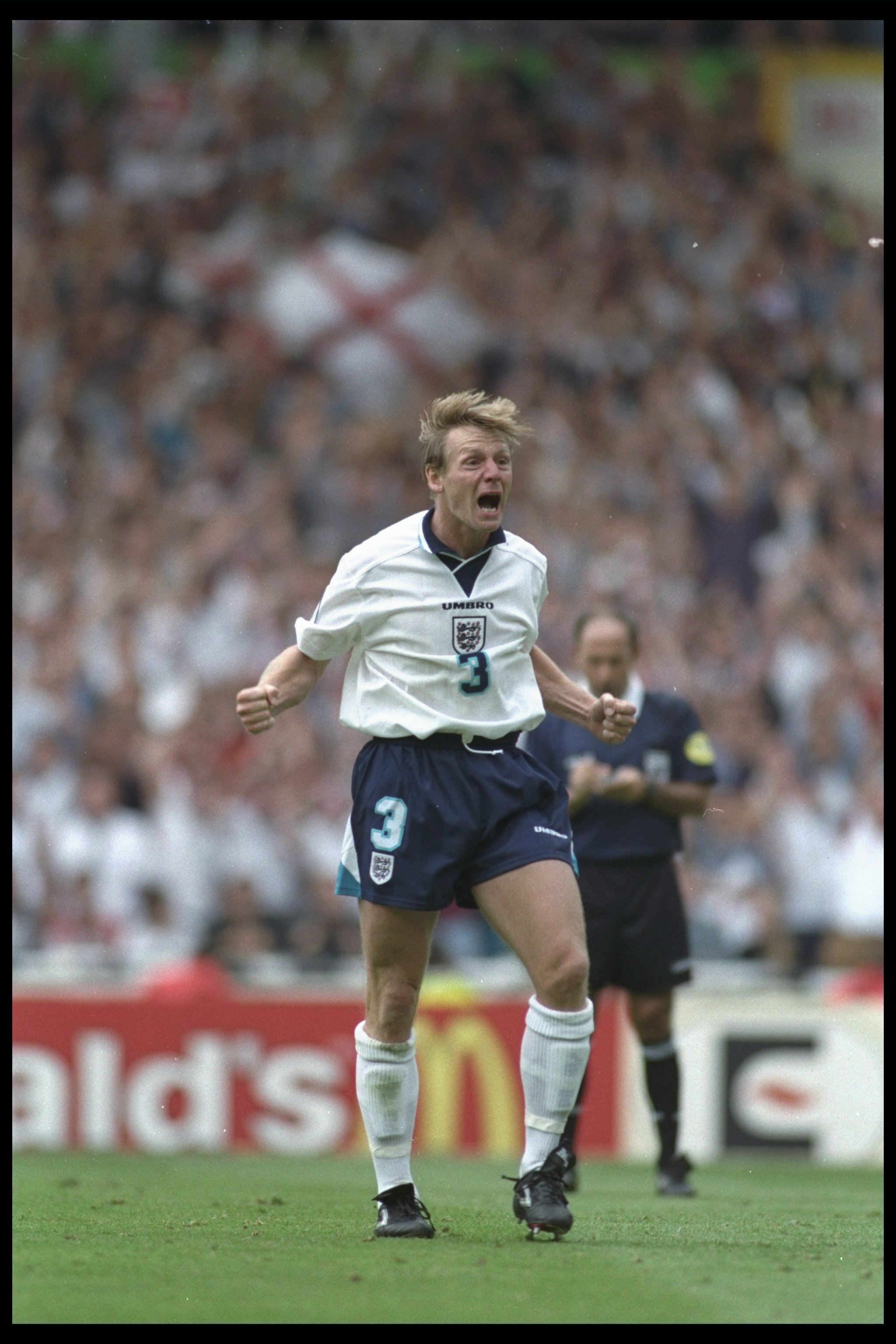 22 Jun 1996:  Stuart Pearce of England celebrates after scoring his penalty during the European soccer championship match between England and Spain at Wembley Stadium, London.                                          England won the match after extra time