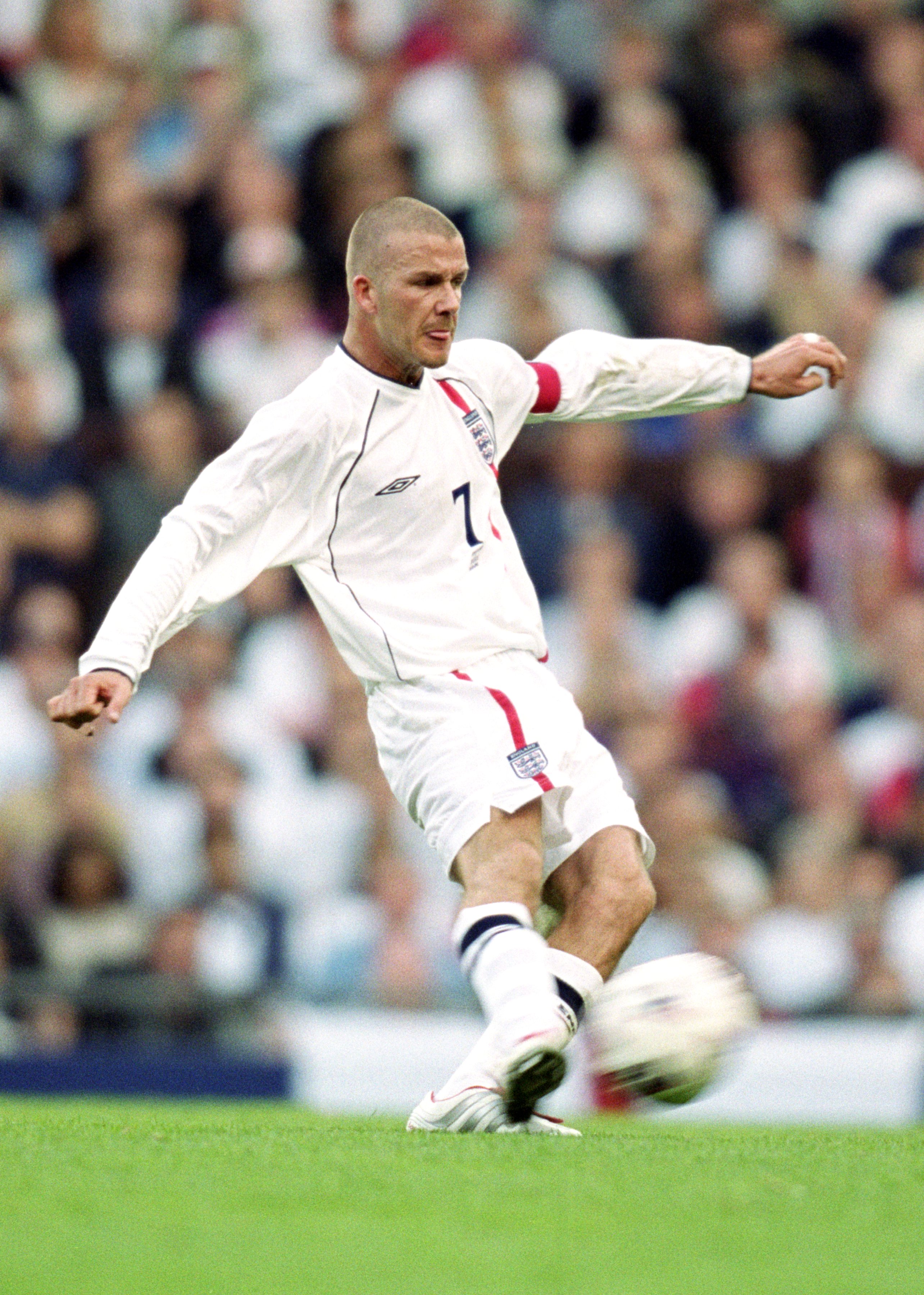 6 Oct 2001:  David Beckham of England scores an injury time equalising goal during the World Cup Group 9 Qualifier between England and Greece at Old Trafford in Manchester, England. England sealed qualification after the game ended 2-2.   \ Mandatory Cred