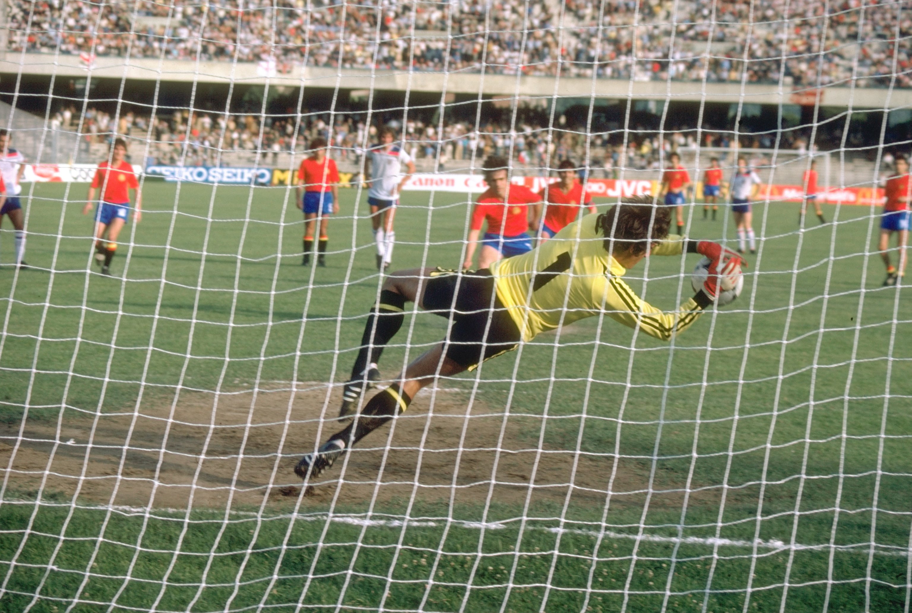 18 Jun 1980:  England Goalkeeper Ray Clemence saves a penalty during the European Championship match against Spain in Naples, Italy. England won the match 2-1.  \ Mandatory Credit: Steve  Powell/Allsport