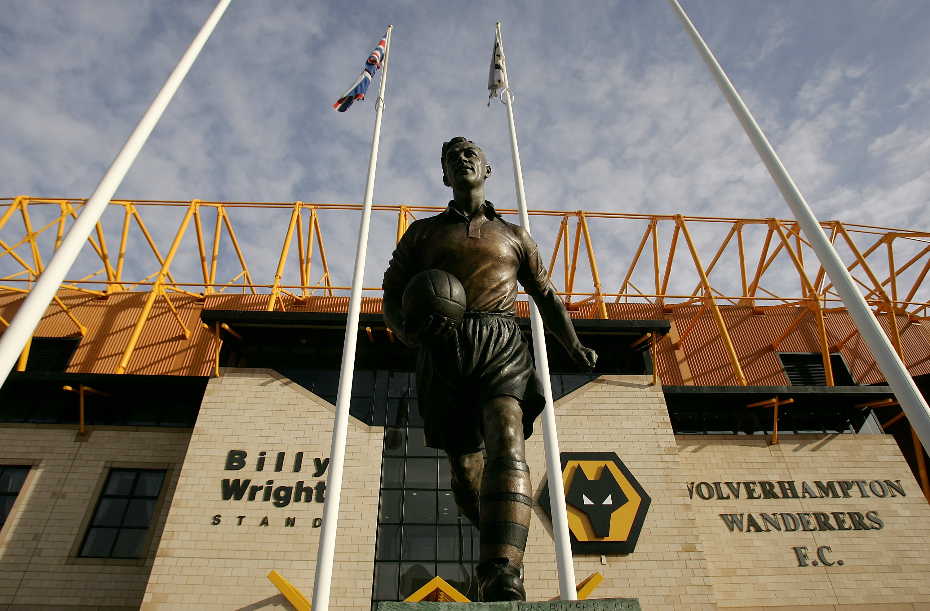 The statue of Billy Wright outside of the stand named after him at Wolves' Molineux stadium
