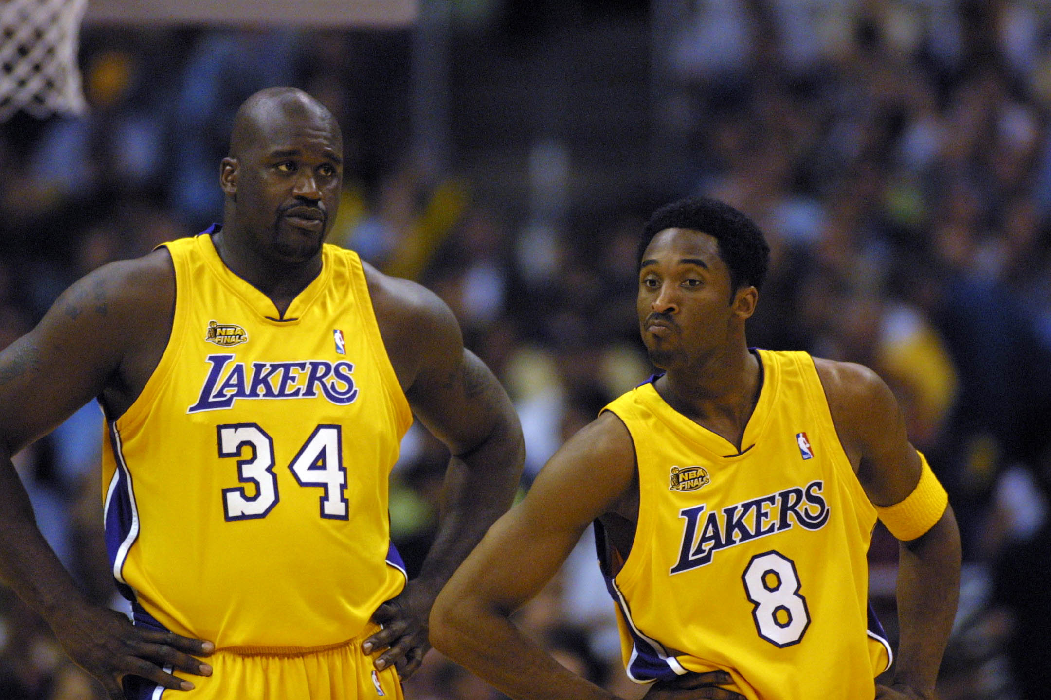 8 Jun 2001:  Kobe Bryant #8 and Shaquille O''Neal #34 of the Los Angeles Lakers in game two of the NBA Finals against the Philadelphia 76ers at Staples Center in Los Angeles, California.  The Lakers won 98-89.  DIGITAL IMAGE.  Mandatory Credit: Jed Jacobs