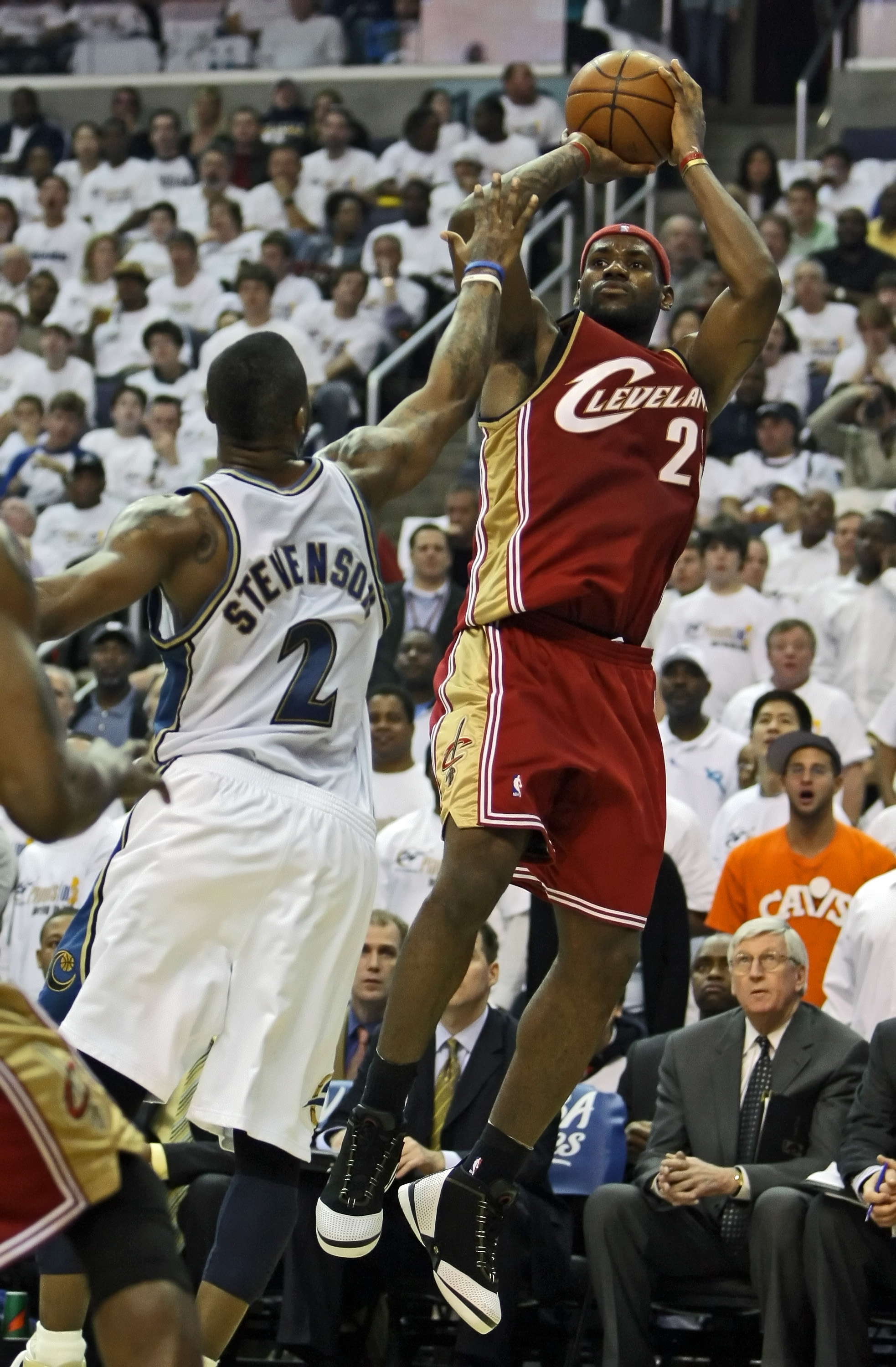 WASHINGTON - APRIL 27: LeBron James #23 of the Cleveland Cavaliers puts up a jump shot over DeShawn Stevenson #2 of the Washington Wizards in Game Four of the Eastern Conference Quarterfinals during the 2008 NBA Playoffs at the Verizon Center on April 27,