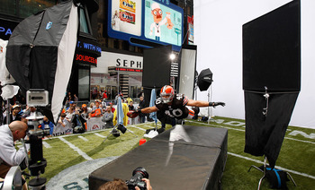 NEW YORK - APRIL 28:  Peyton Hillis #40 of the Cleveland Browns participates in a photo shoot for the cover of EA Sports Madden NFL 12 on April 28, 2011 in Time Square, New York City  (Photo by Mike Stobe/Getty Images for EA Sports)