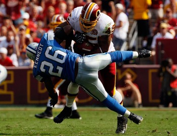 Washington Redskins Mike Sellers (45) celebrates after scoring his second  touchdown of the day against the Detroit Lions in the fourth quarter of  their game played at FedEx Field in Landover, MD