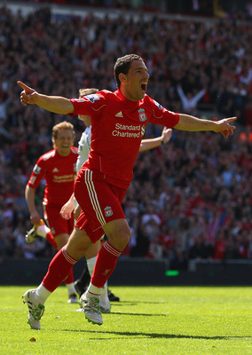 LIVERPOOL, ENGLAND - MAY 01:  Maxi Rodriguez of Liverpool celebrates after scoring the first goal during the Barclays Premier League match between Liverpool  and Newcastle United at Anfield on May 1, 2011 in Liverpool, England.  (Photo by Clive Brunskill/