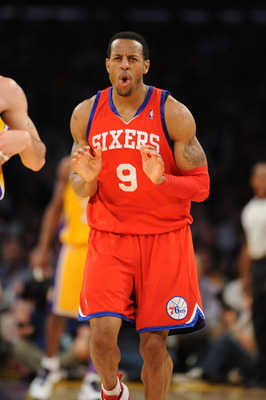 LOS ANGELES - FEBRUARY 26:  Andre Igoudala #9 of the Philadelphia 76ers reacts during a game against the Los Angeles Lakers at Staples Center on February 26, 2010 in Los Angeles, California. NOTE TO USER: User expressly acknowledges and agrees that, by do
