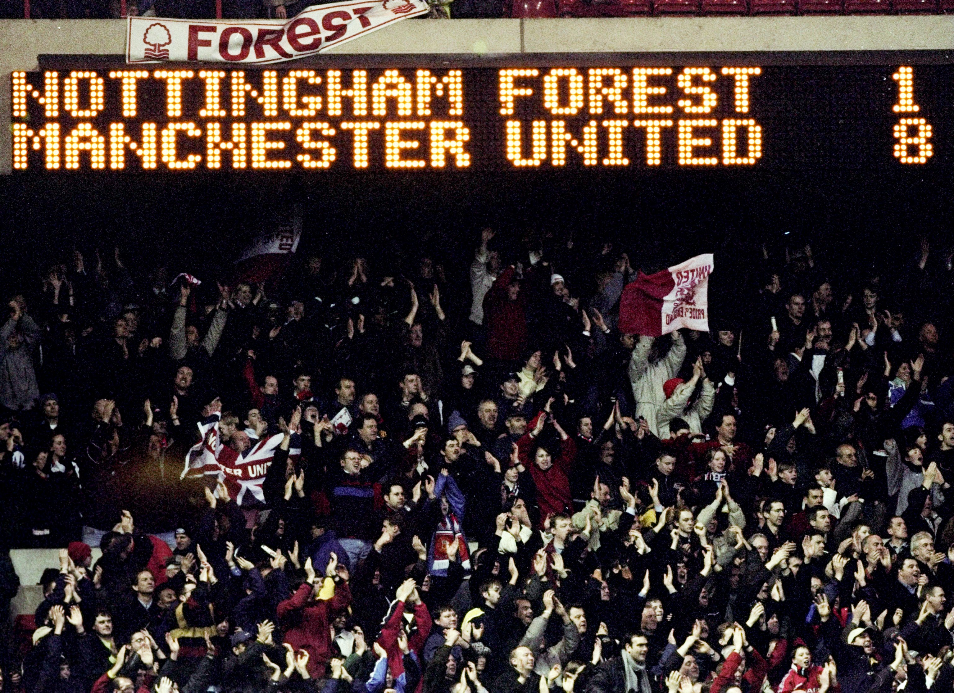 6 Feb 1999:  The scoreboard tells the story as Manchester United  secure a record away win at Nottingham Forest in the FA Carling Premiership match at the City Ground in Nottingham, England.  \ Mandatory Credit: Gary M Prior/Allsport
