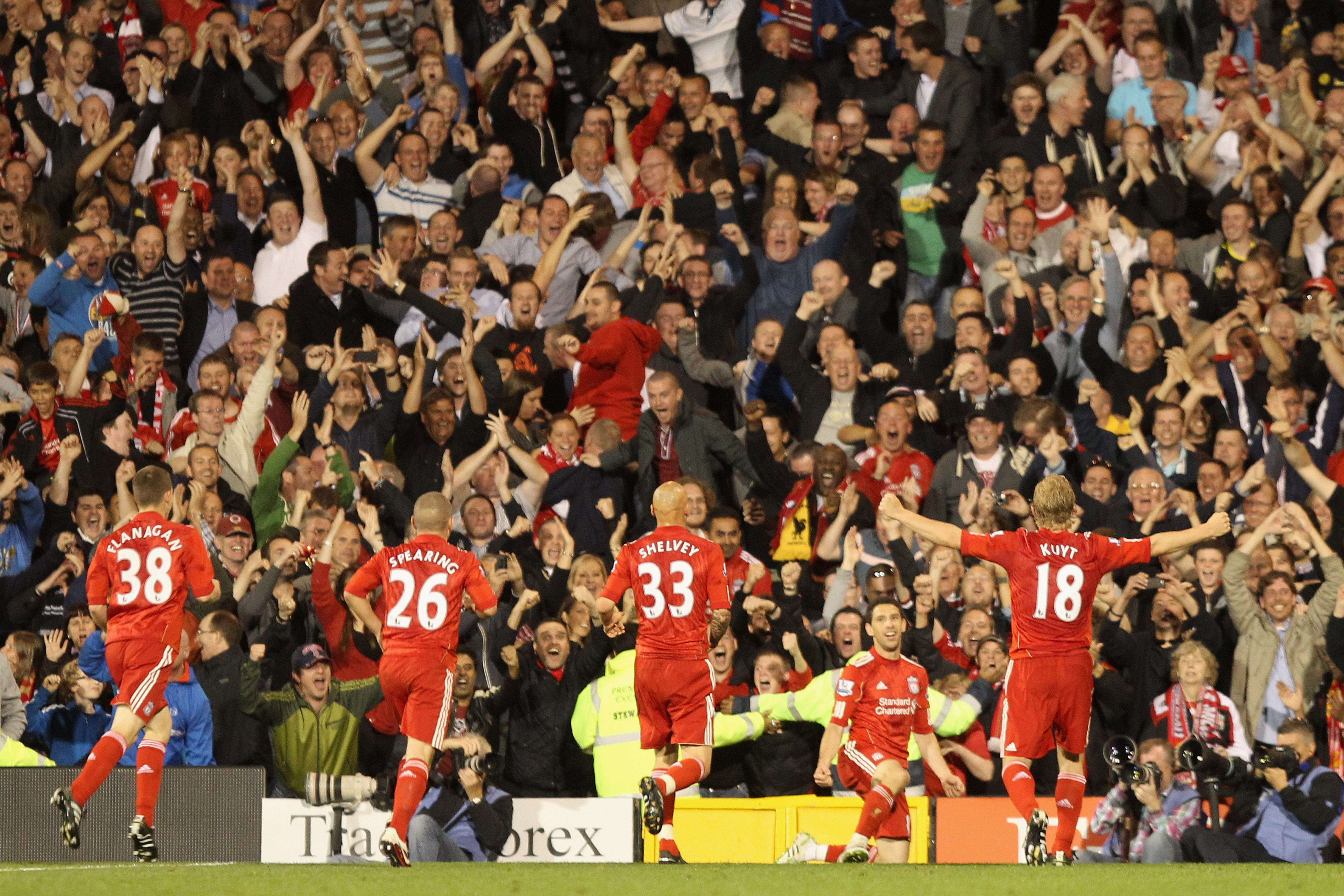 LONDON, ENGLAND - MAY 09:  Maxi Rodriguez of Liverpool celebrates scoring in front of the Liverpool fans during the Barclays Premier League match between Fulham and Liverpool at Craven Cottage on May 9, 2011 in London, England.  (Photo by Scott Heavey/Get