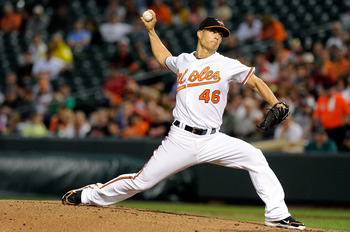 BALTIMORE, MD - APRIL 27:  Jeremy Guthrie #46 of the Baltimore Orioles pitches against the Boston Red Sox at Oriole Park at Camden Yards on April 27, 2011 in Baltimore, Maryland.  (Photo by Greg Fiume/Getty Images)