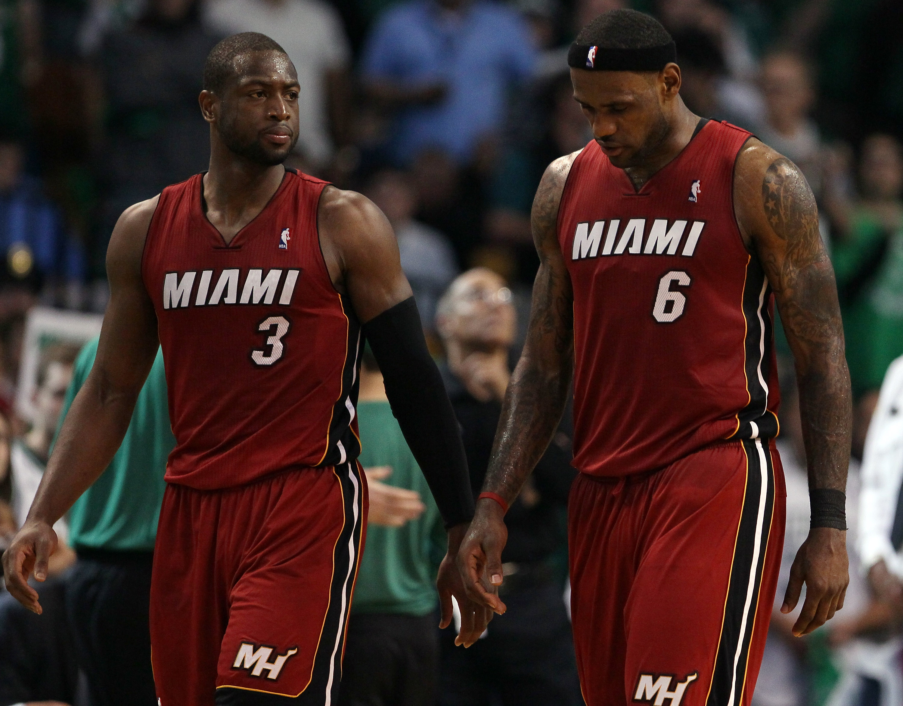 BOSTON, MA - MAY 07: Dwyane Wade #3 and LeBron James #6 of the Miami Heat walk on the court near the end of the game against the Boston Celtics in Game Three of the Eastern Conference Semifinals in the 2011 NBA Playoffs on May 7, 2011 at the TD Garden in