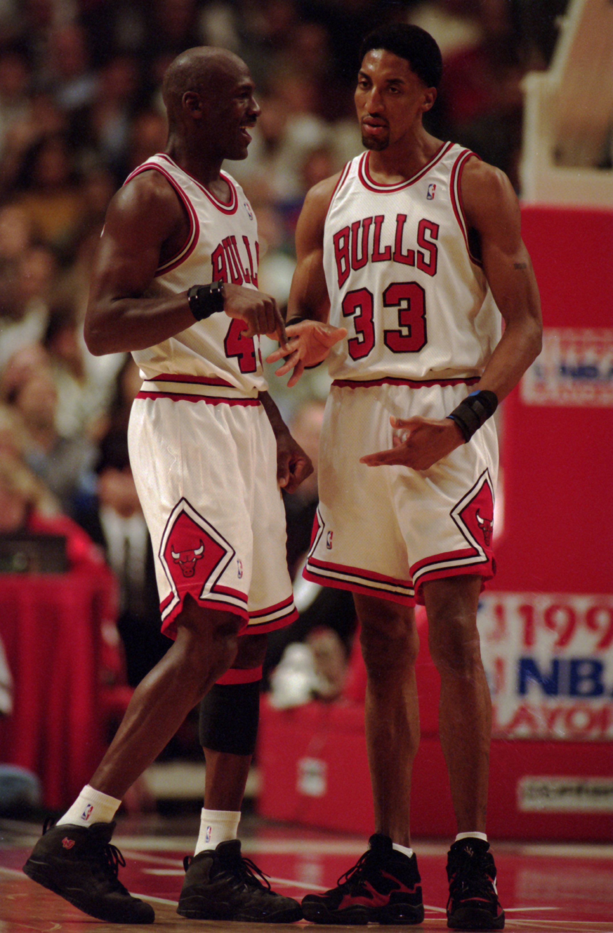 2 May 1995:  Guard Michael Jordan #45 of the Chicago Bulls celebrates with foward Scottie Pippen during the Bulls 103-80 win over the Charolette Hornets in the first round of the NBA playoffs at the United Center in Chicago, Illinois. Mandatory Credit: Jo