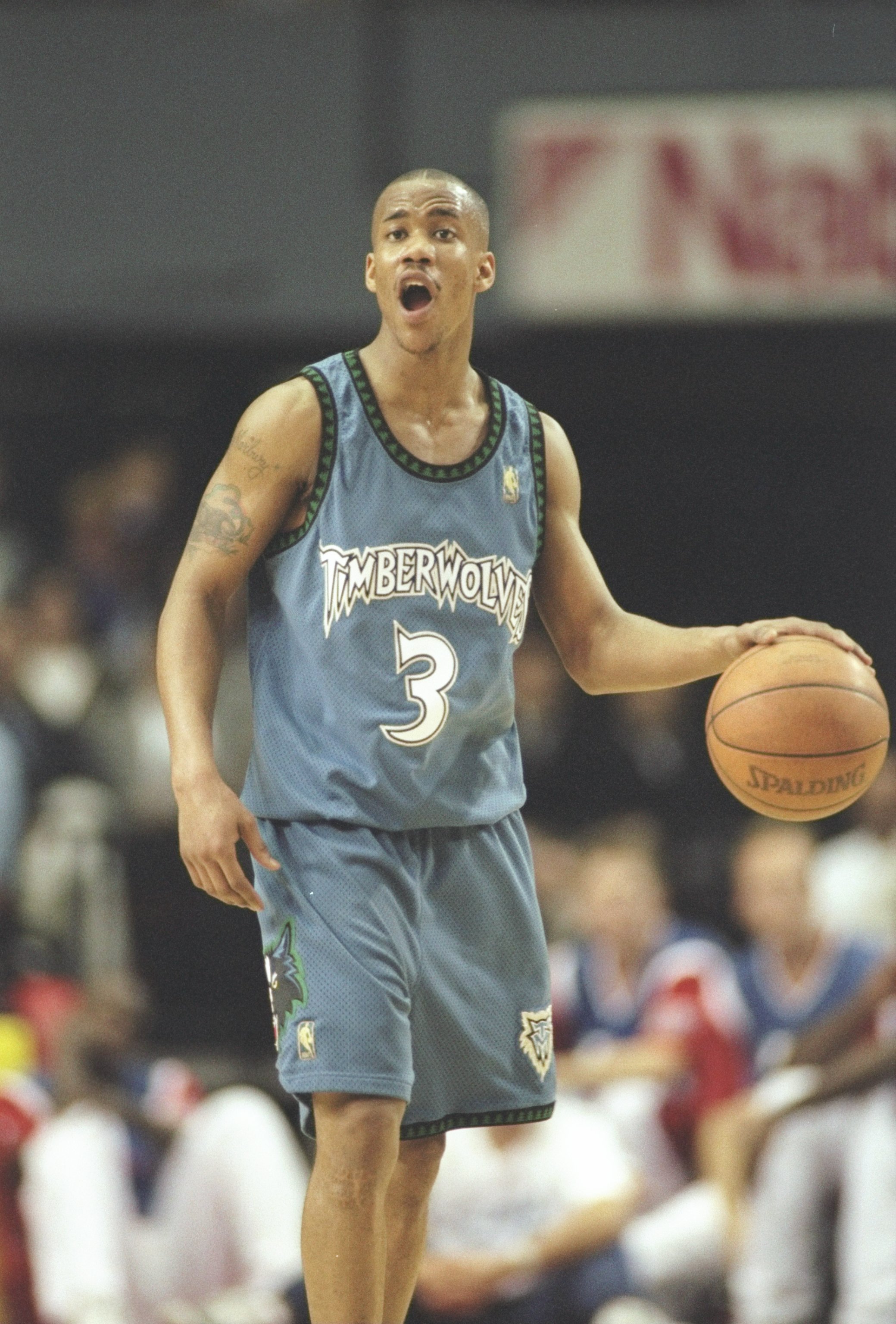 10 Apr 1997:  Guard Stephon Marbury of the Minnesota Timberwolves dribbles the ball down the court during a game against the Los Angeles Clippers at the Los Angeles Sports Arena in Los Angeles, California.  The Timberwolves won the game 108-96.   Mandator