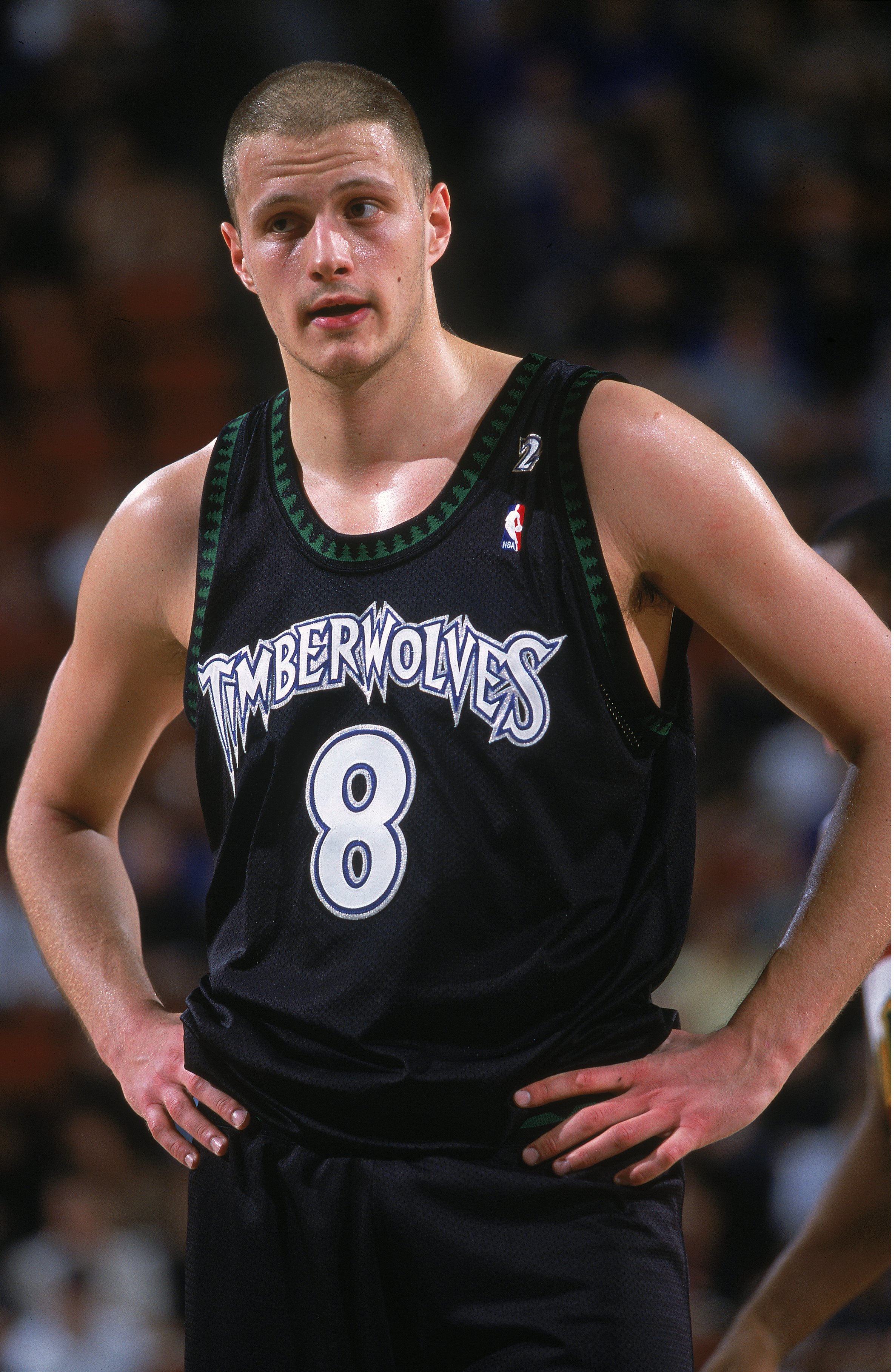 19 Jan 2001:  Rasho Nesterovic #8 of the Minnesota Timberwolves looks on from the court during the game against the Seattle SuperSonics at the Key Arena in Seattle, Washington.  The Timberwolves defeated the SuperSonics 98-93.    NOTE TO USER: It is expre