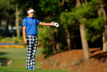 PONTE VEDRA BEACH, FL - MAY 07: Ian Poulter of England  reacts on the tenth fairway during the second round of THE PLAYERS Championship held at THE PLAYERS Stadium course at TPC Sawgrass on May 7, 2010 in Ponte Vedra Beach, Florida.  (Photo by Sam Greenwo