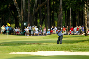 PONTE VEDRA BEACH, FL - MAY 13:  Phil Mickelson hits his aaproach on the 15th hole during the second round of THE PLAYERS Championship held at THE PLAYERS Stadium course at TPC Sawgrass on May 13, 2011 in Ponte Vedra Beach, Florida.  (Photo by Mike Ehrman