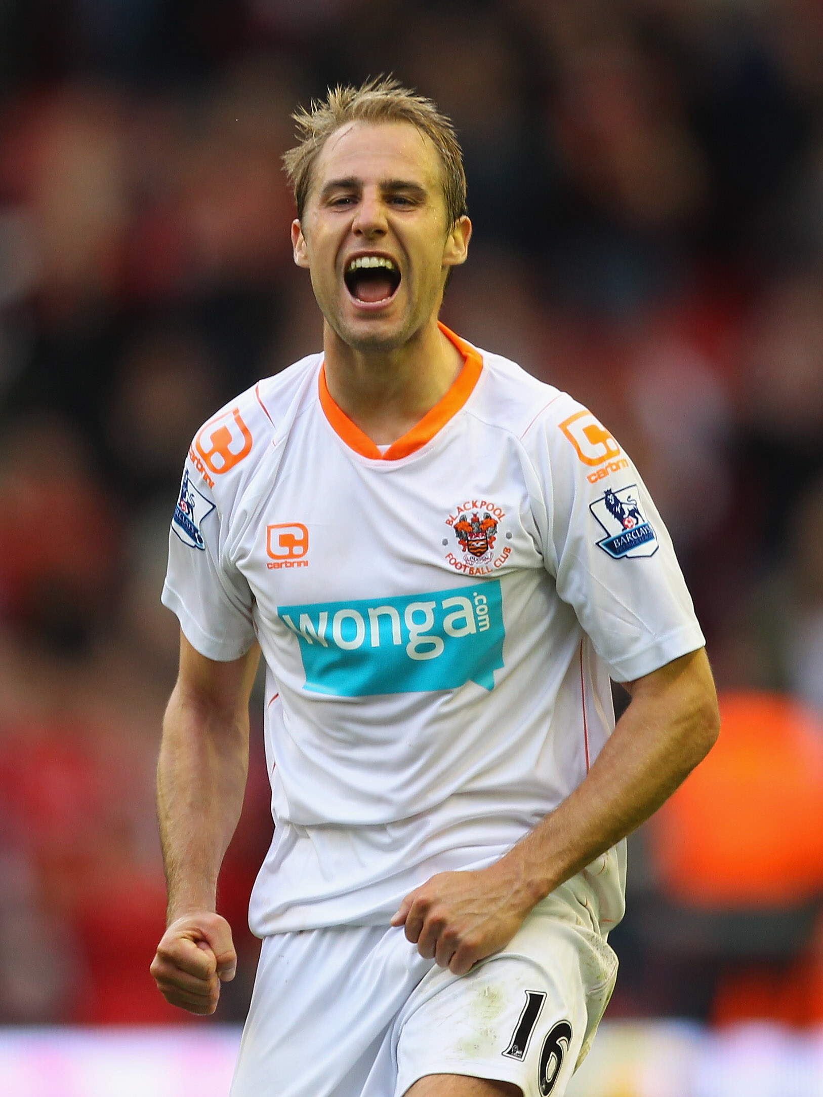 LIVERPOOL, ENGLAND - OCTOBER 03:  Luke Varney of Blackpool celebrates after victory over Liverpool the Barclays Premier League match between Liverpool and Blackpool at Anfield on October 3, 2010 in Liverpool, England.  (Photo by Alex Livesey/Getty Images)