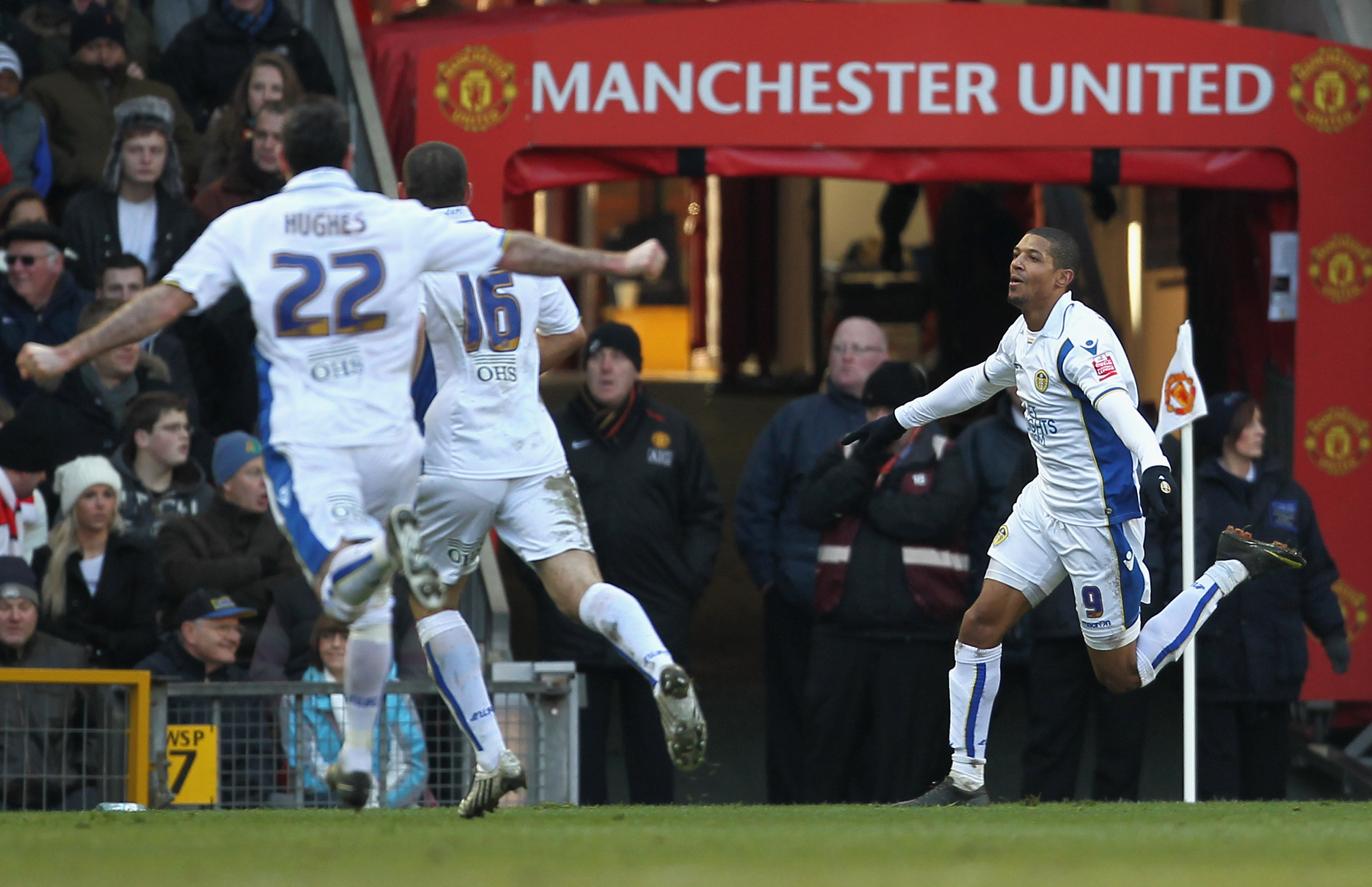 MANCHESTER, ENGLAND - JANUARY 03:  Jermaine Beckford (R) of Leeds United celebrates scoring the opening goal during the FA Cup sponsored by E.ON 3rd Round match between Manchester United and Leeds United at Old Trafford on January 3, 2010 in Manchester, E