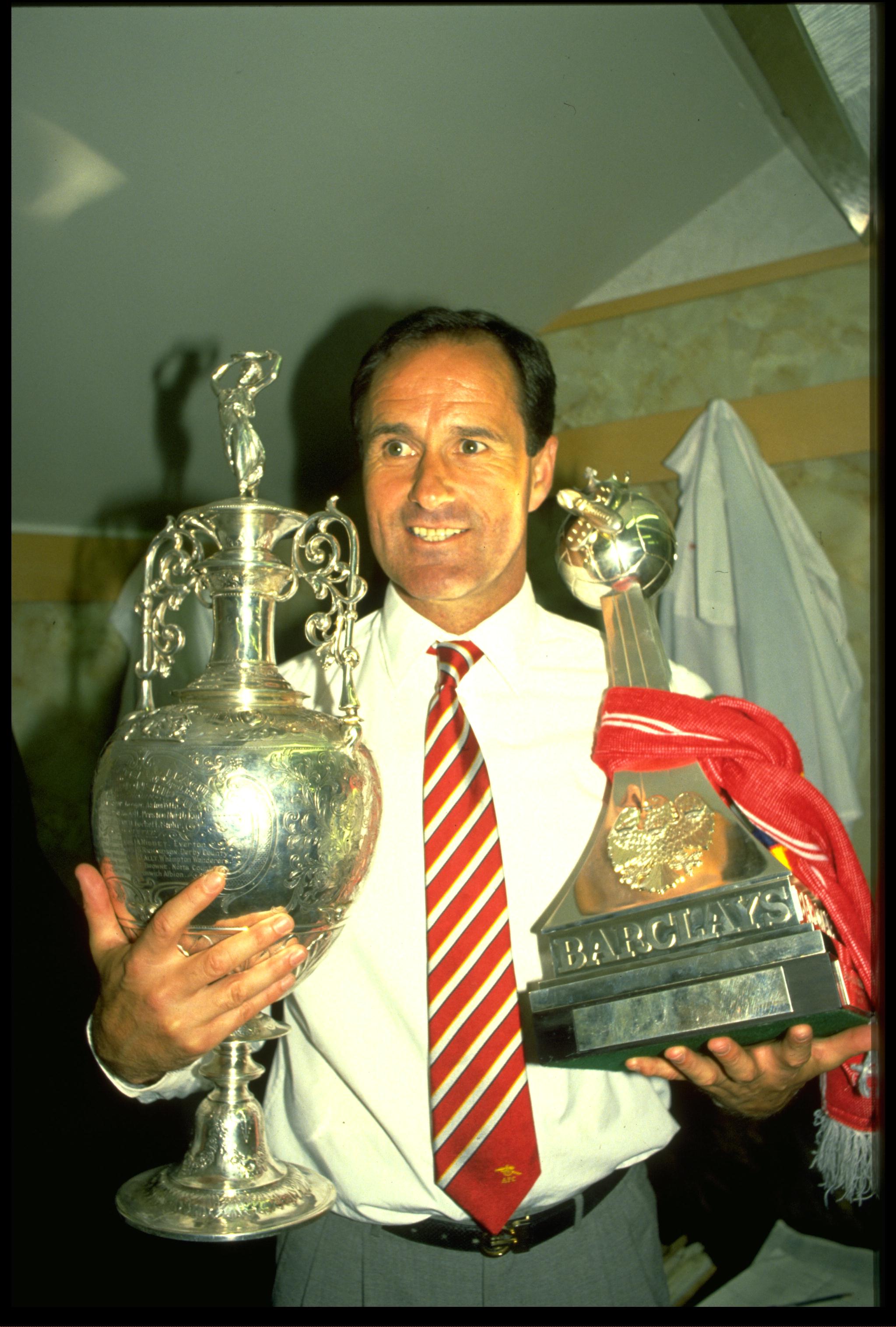 26 MAY 1989:  ARSENAL MANAGER GEORGE GRAHAM HOLD THE LEAGUE CHAMPIONSHIP TROPHIES AFTER HIS TEAM HAD BEATEN LIVERPOOL 2-0 AT ANFIELD TO WIN THE CHAMPIONSHIP.