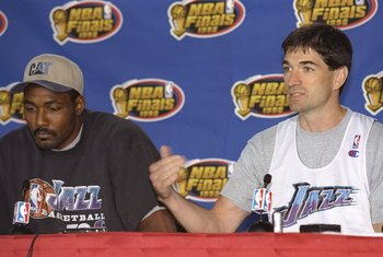 8 Jun 1998:  John Stockton and Karl Malone of the Utah Jazz talks about their game  against the Chicago Bulls during a press conference at the United Center in Chicago, Illinois. Mandatory Credit: Jonathan Daniel  /Allsport