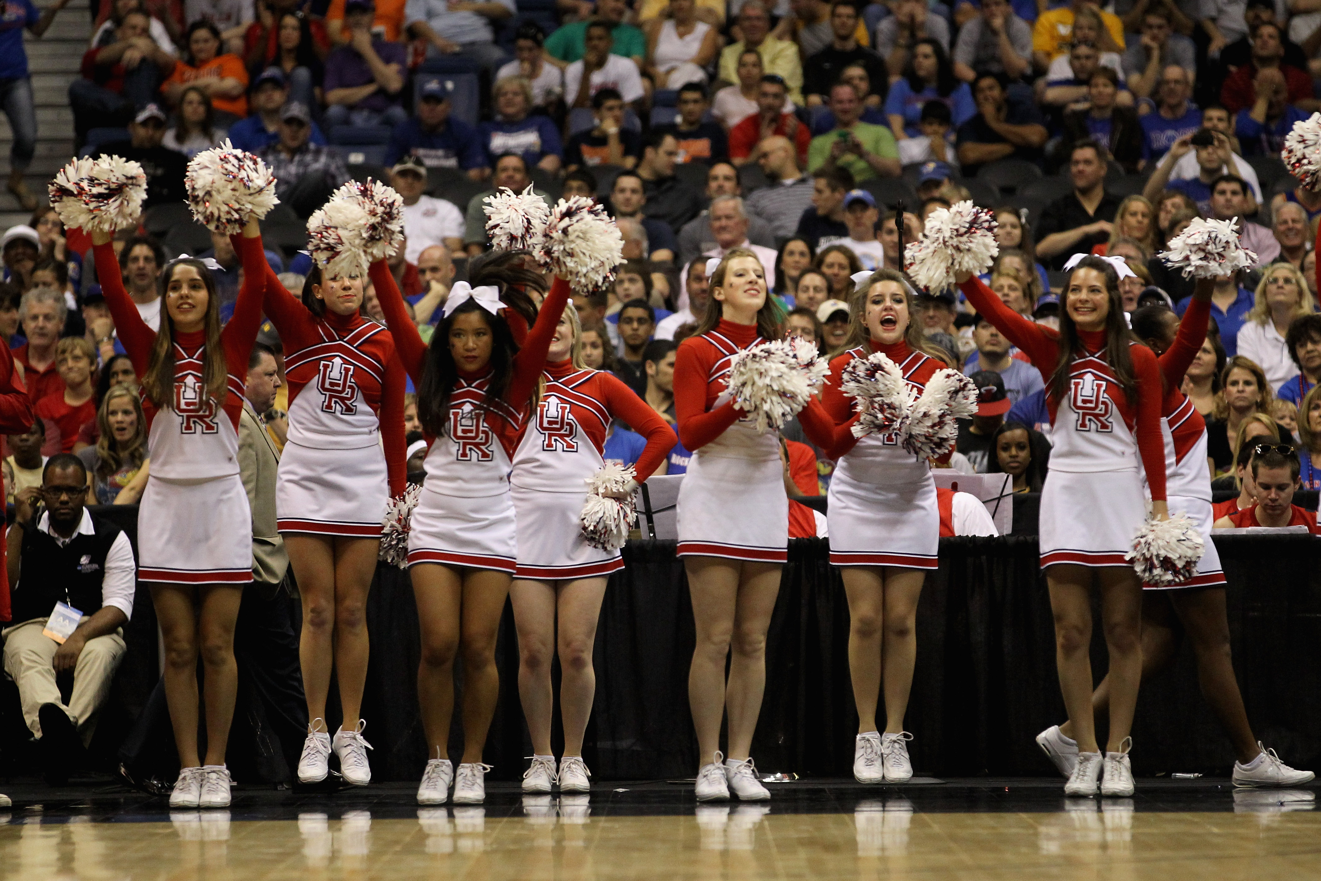 SAN ANTONIO, TX - MARCH 25:  The Richmond Spiders cheerleaders perform during the southwest regional of the 2011 NCAA men's basketball tournament against the Kansas Jayhawks at the Alamodome on March 25, 2011 in San Antonio, Texas.  (Photo by Ronald Marti