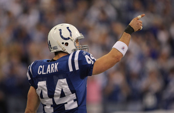 INDIANAPOLIS - JANUARY 13:  Dallas Clark #44 of the Indianapolis Colts celebrates after he scored on a 25-yard touchdown reception in the first quarter against the San Diego Chargers during their AFC Divisional Playoff game at the RCA Dome on January 13,