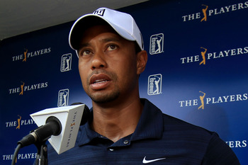 PONTE VEDRA BEACH, FL - MAY 12:  Tiger Woods addresses the media after withdrawing on the ninth hole during the first round of THE PLAYERS Championship held at THE PLAYERS Stadium course at TPC Sawgrass on May 12, 2011 in Ponte Vedra Beach, Florida. Woods