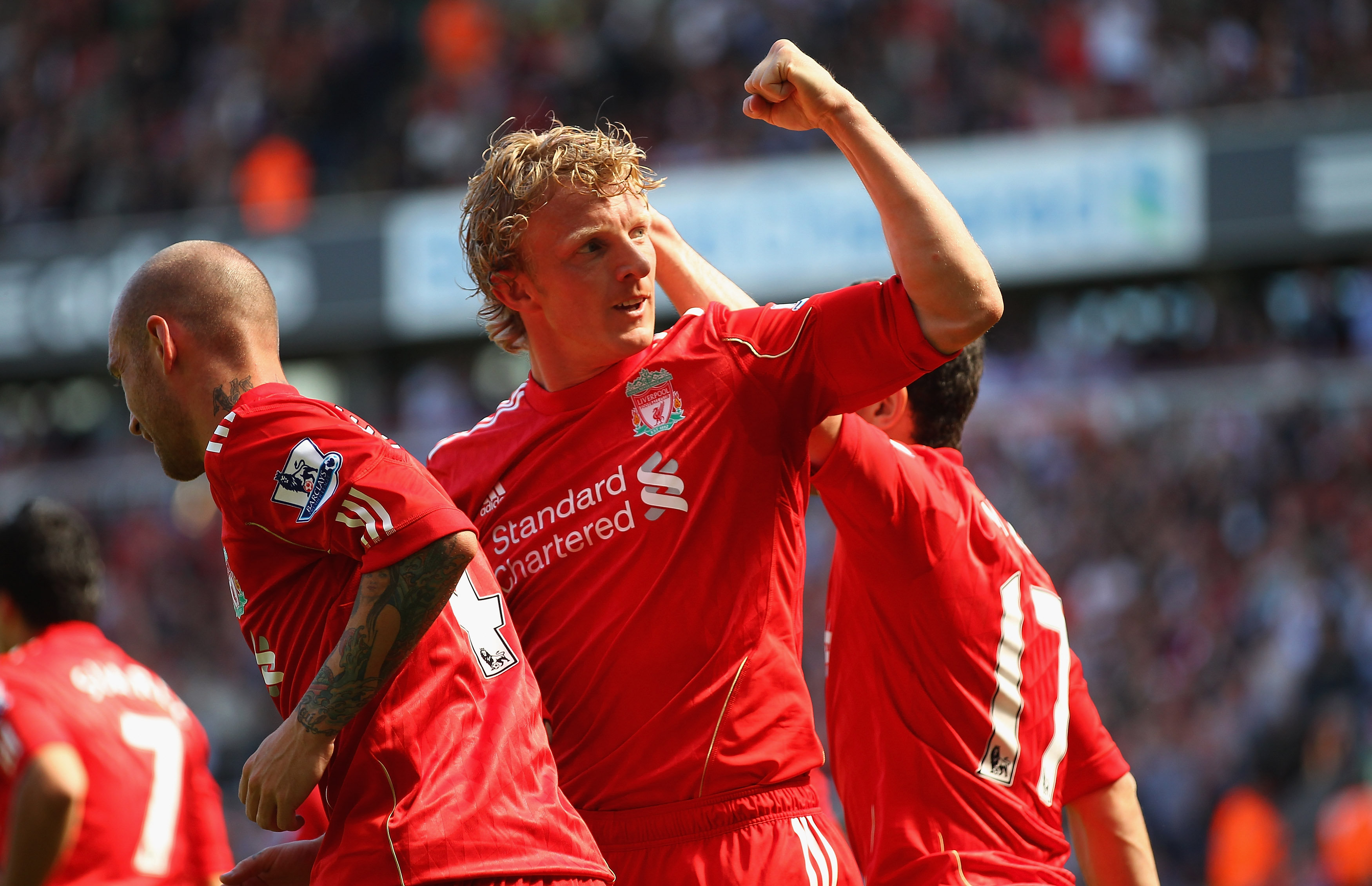 LIVERPOOL, ENGLAND - MAY 01:  Dirk Kuyt of Liverpool celebrates with team mates after scoring the second goal from the penalty spot during the Barclays Premier League match between Liverpool  and Newcastle United at Anfield on May 1, 2011 in Liverpool, En