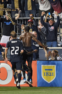 CHESTER, PA - MAY 11: Danny Mwanga #10 of the Philadelphia Union celebrates his goal in front of the fans during the game against the Los Angeles Galaxy at PPL Park on May 11, 2011 in Chester, Pennsylvania. The game ended in a 1-1 tie. (Photo by Drew Hall