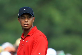 AUGUSTA, GA - APRIL 10:  Tiger Woods looks on during the final round of the 2011 Masters Tournament on April 10, 2011 in Augusta, Georgia.  (Photo by David Cannon/Getty Images)