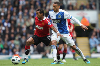 BLACKBURN, ENGLAND - MAY 14:  Nani (L) of Manchester United and Jermaine Jones (R) of Blackburn Rovers during the Barclays Premier League match between Blackburn Rovers and Manchester United at Ewood Park on May 14, 2011 in Blackburn, England.  (Photo by 