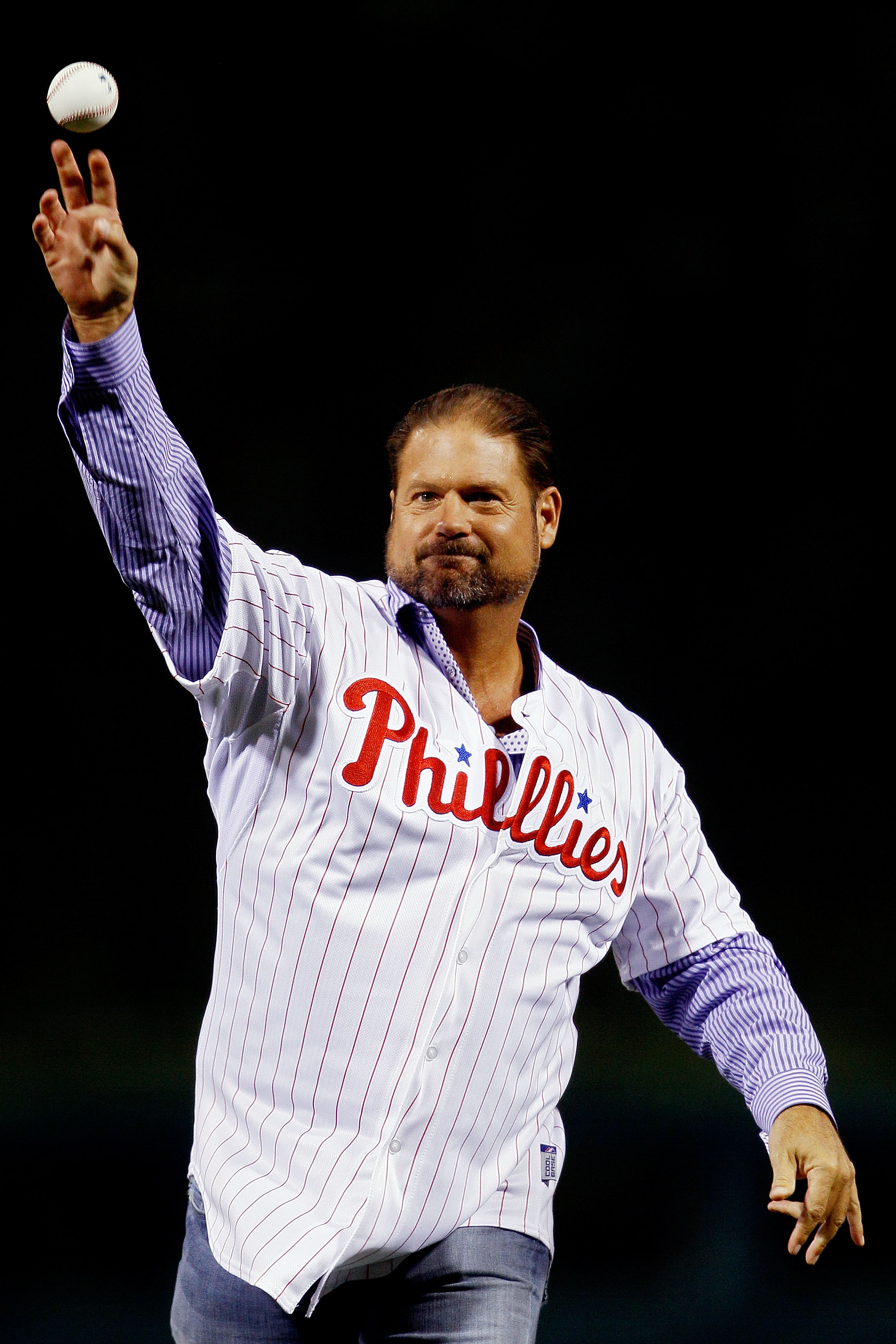 PHILADELPHIA - OCTOBER 23:  Former Philadelphia Phillies Darren Daulton throws out the first pitch before Game Six of the NLCS during the 2010 MLB Playoffs at Citizens Bank Park on October 23, 2010 in Philadelphia, Pennsylvania.  (Photo by Matt Slocum-Poo