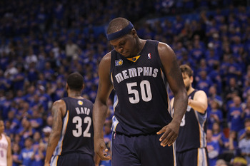 OKLAHOMA CITY, OK - MAY 15:  Forward Zach Randolph #50 of the Memphis Grizzlies reacts during a 90-105 loss against the Oklahoma City Thunder in Game Seven of the Western Conference Semifinals in the 2011 NBA Playoffs on May 15, 2011 at Oklahoma City Aren