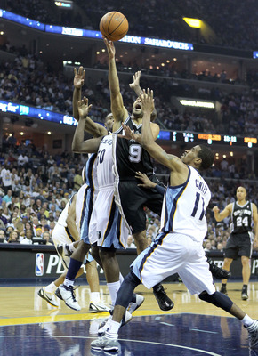 MEMPHIS, TN - APRIL 29:  Tony Parker #9 of the San Antonio Spurs shoots the ball while defended by Mike Conley #11 of the Memphis Grizzlies in Game Six of the Western Conference Quarterfinals in the 2011 NBA Playoffs at FedExForum on April 29, 2011 in Mem