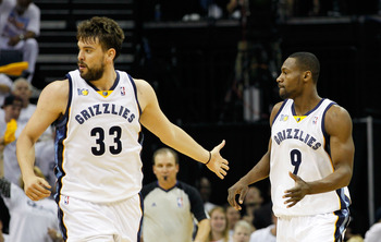 MEMPHIS, TN - MAY 13:  Marc Gasol #33 reacts after Tony Allen #9 of the Memphis Grizzlies made a three-point basket against the Oklahoma City Thunder in Game Six of the Western Conference Semifinals in the 2011 NBA Playoffs at FedExForum on May 13, 2011 i