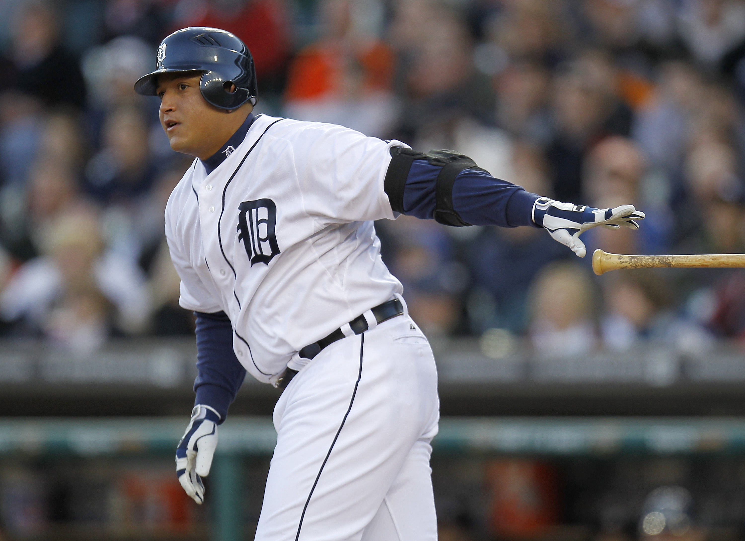 DETROIT, MI - MAY 04: Miguel Cabrera #24 of the Detroit Tigers watches a double that scores a run in the third inning while playing the New York Yankees at Comerica Park on May 4, 2011 in Detroit, Michigan. Detroit won the game 4-0. (Photo by Gregory Sham