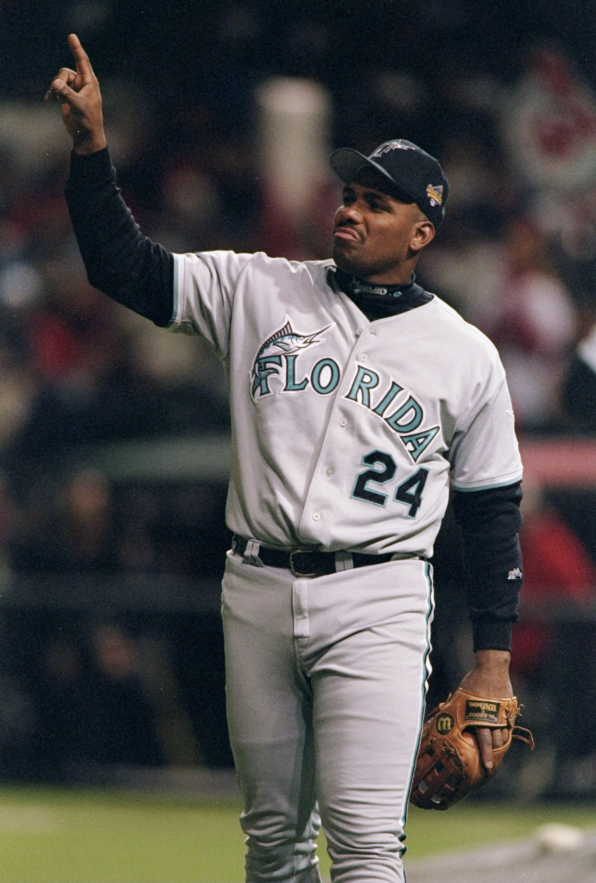 21 Oct 1997:  Third baseman Bobby Bonilla of the Florida Marlins in action during the third game of the World Series against the Cleveland Indians at Jacobs Field in Cleveland, Ohio.  The Marlins won the game 14-11. Mandatory Credit: Brian Bahr  /Allsport