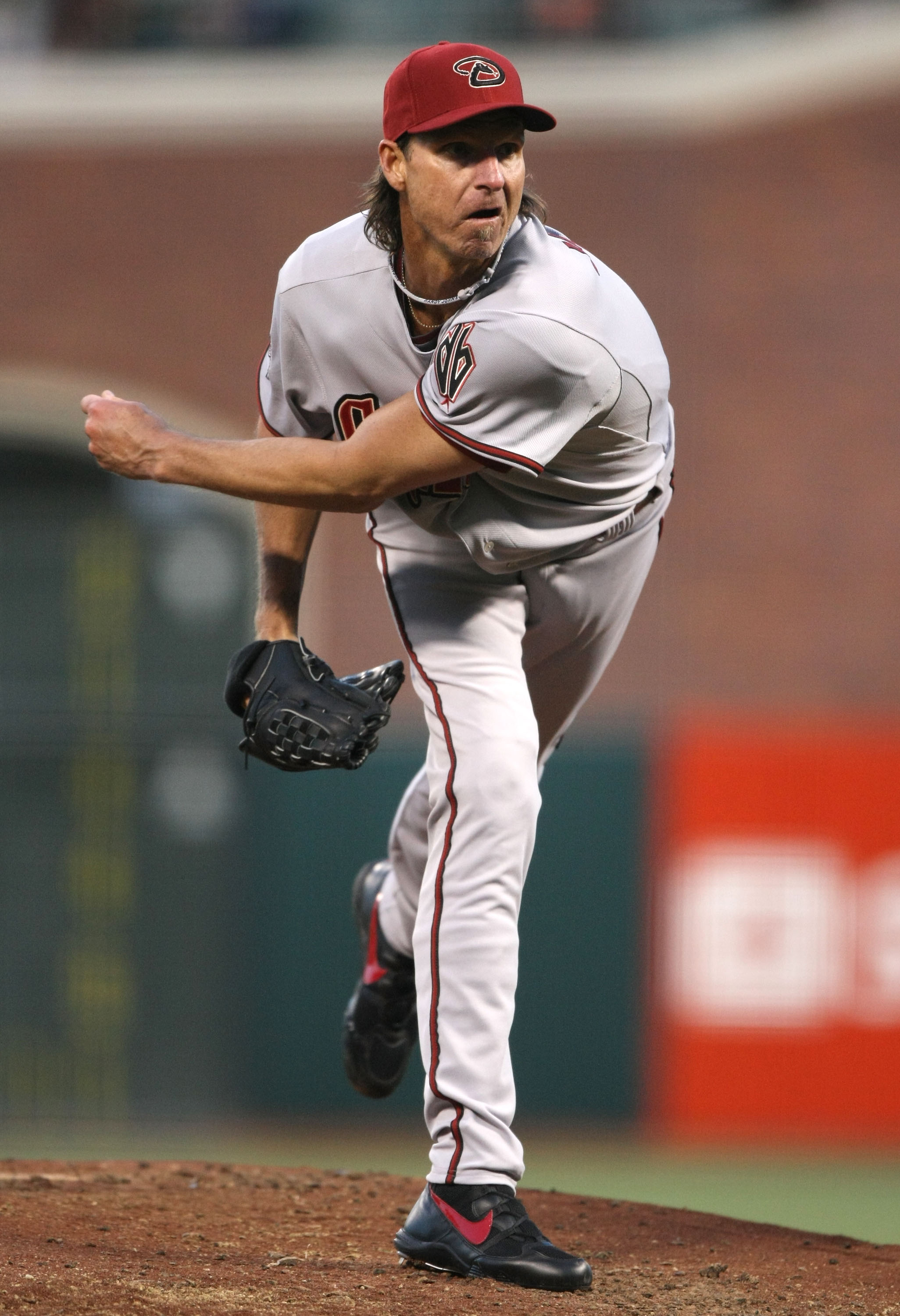SAN FRANCISCO - APRIL 14:  Randy Johnson #51 of the Arizona Diamondbacks pitches against the San Francisco Giants during a Major League Baseball game on March 14, 2008 at AT&T Park in San Francisco, California.  (Photo by Jed Jacobsohn/Getty Images)