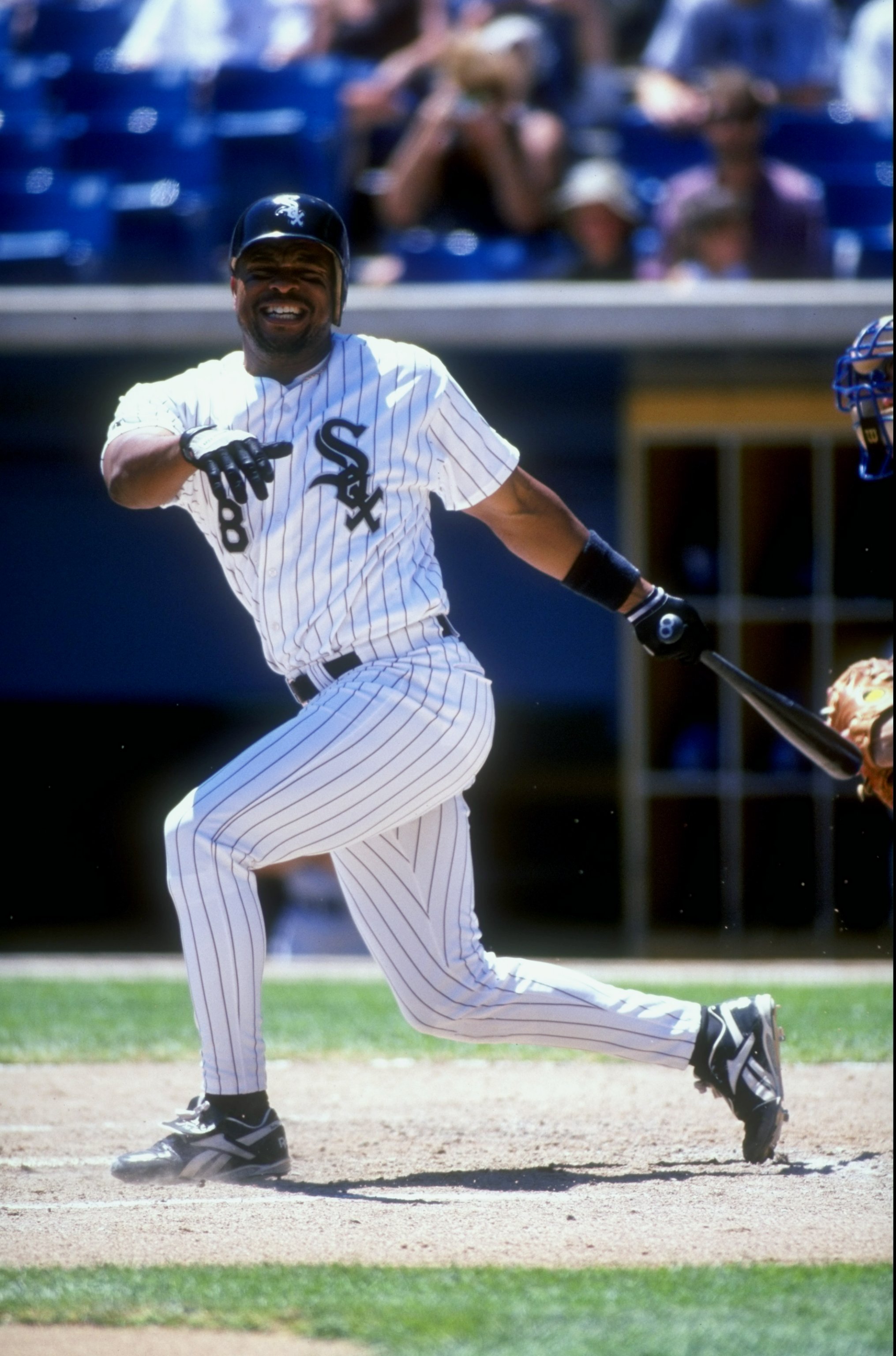 16 July 1998:   Albert Belle #8 of the Chicago White Sox starts to run during a game against the Toronto Blue Jays at Cromisky Park in Chicago, Illinois. The Blue Jays defeated the White Sox 5-2. Mandatory Credit: Jonathan Daniel  /Allsport