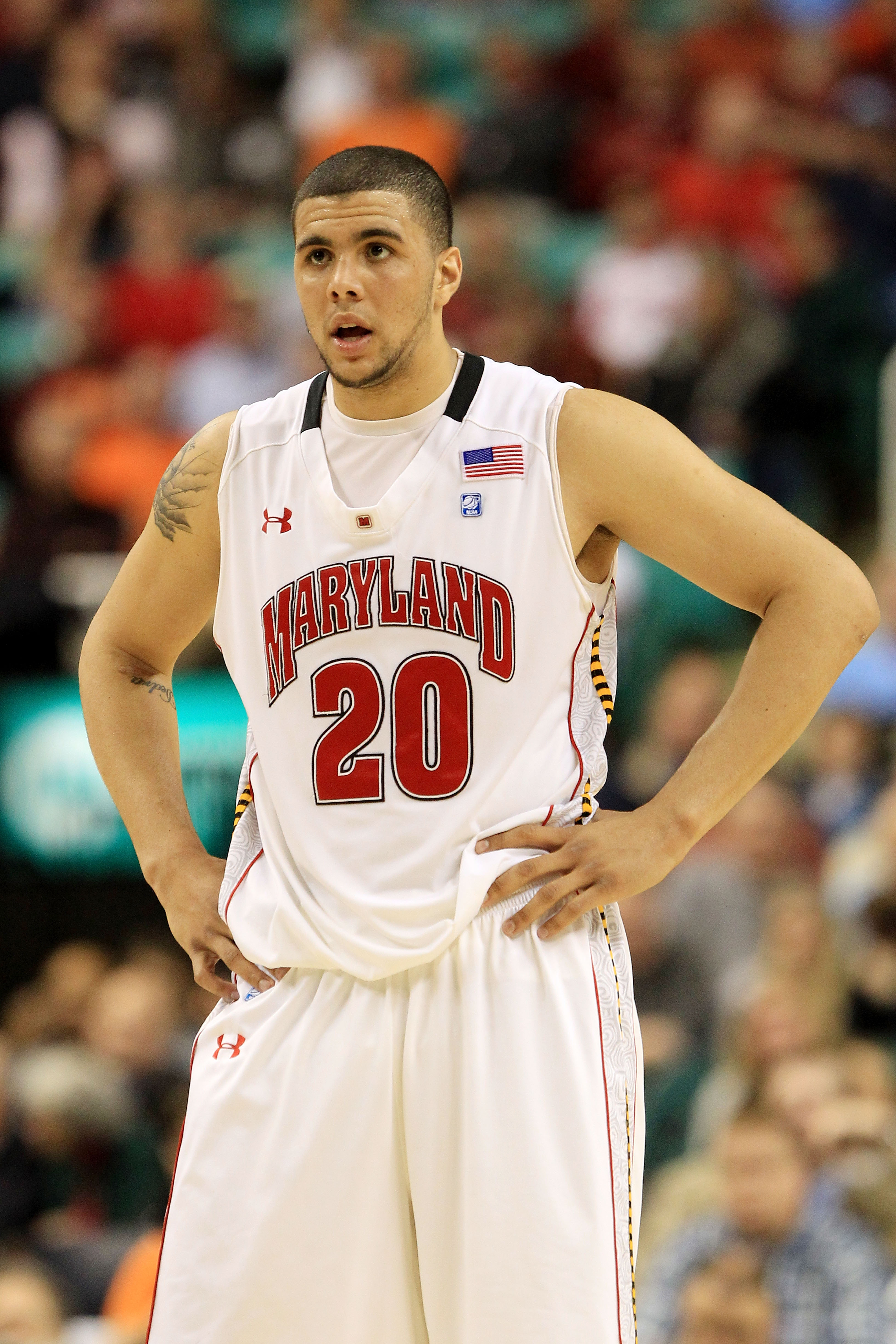 GREENSBORO, NC - MARCH 10:  Jordan Williams #20 of the Maryland Terrapins looks on while playing against the North Carolina State Wolfpack during the first round of the 2011 ACC men's basketball tournament at the Greensboro Coliseum on March 10, 2011 in G