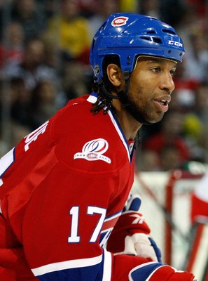 MONTREAL- OCTOBER 17:  Georges Laraque #17 of the Montreal Canadiens skates during the NHL game against the Ottawa Senators on October 17, 2009 at the Bell Centre in Montreal, Quebec, Canada.  The Senators defeated the Canadiens 3-1.  (Photo by Richard Wo
