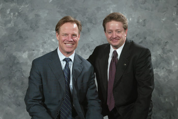 PHILADELPHIA - MARCH 2:  (L-R) Philadelphia Flyers radio broadcasters Brian Propp (color analyst) and Tim Saunders (play by play announcer) pose for a photo before the game against the New York Rangers at the Wachovia Center on March 2, 2006 in Philadelph