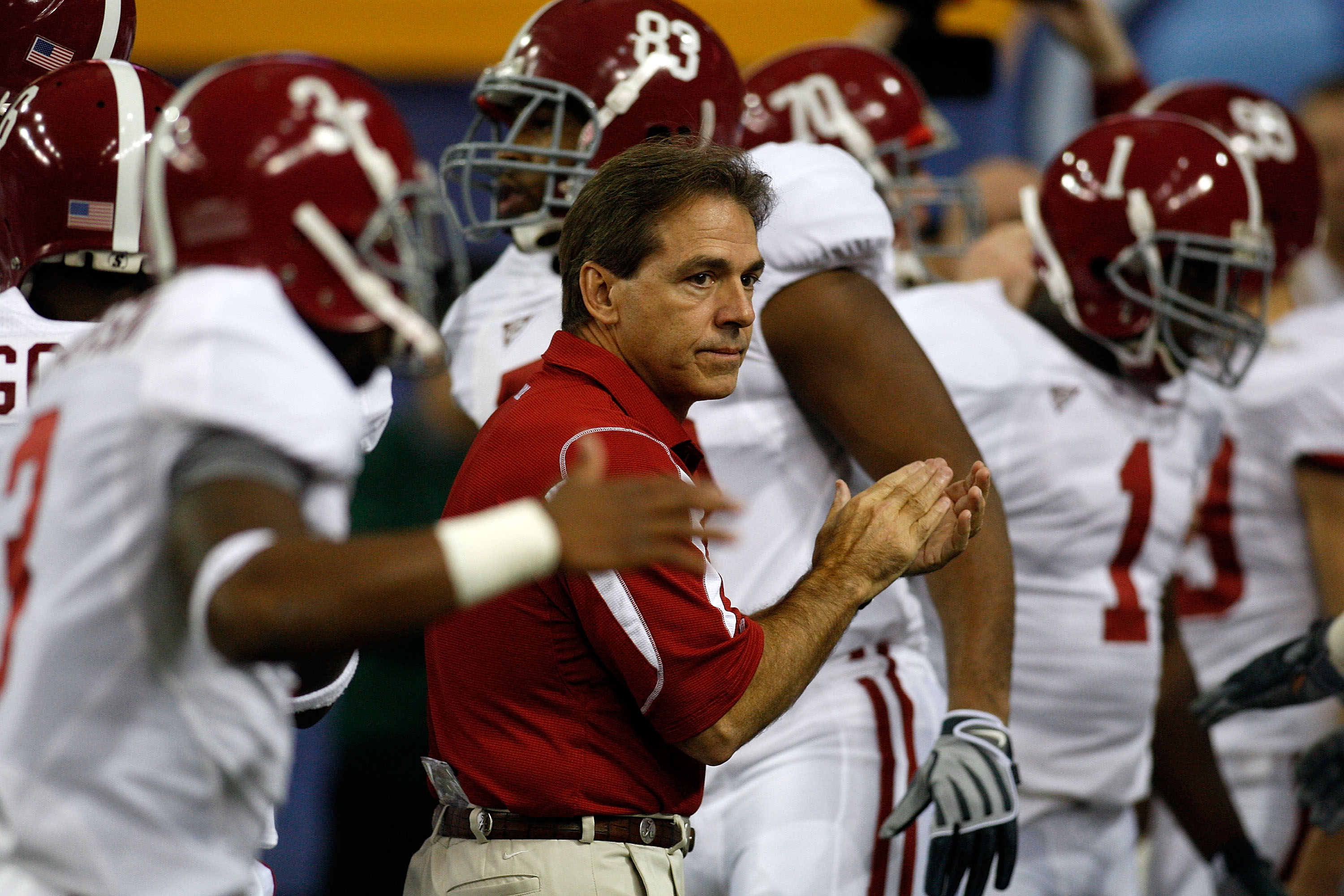 ATLANTA - DECEMBER 06: Head coach Nick Saban of the Alabama Crimson Tide waits for his team to take the field before playing the Florida Gators for the SEC Championship on December 6, 2008 at the Georgia Dome in Atlanta, Georgia. (Photo by Chris Graythe
