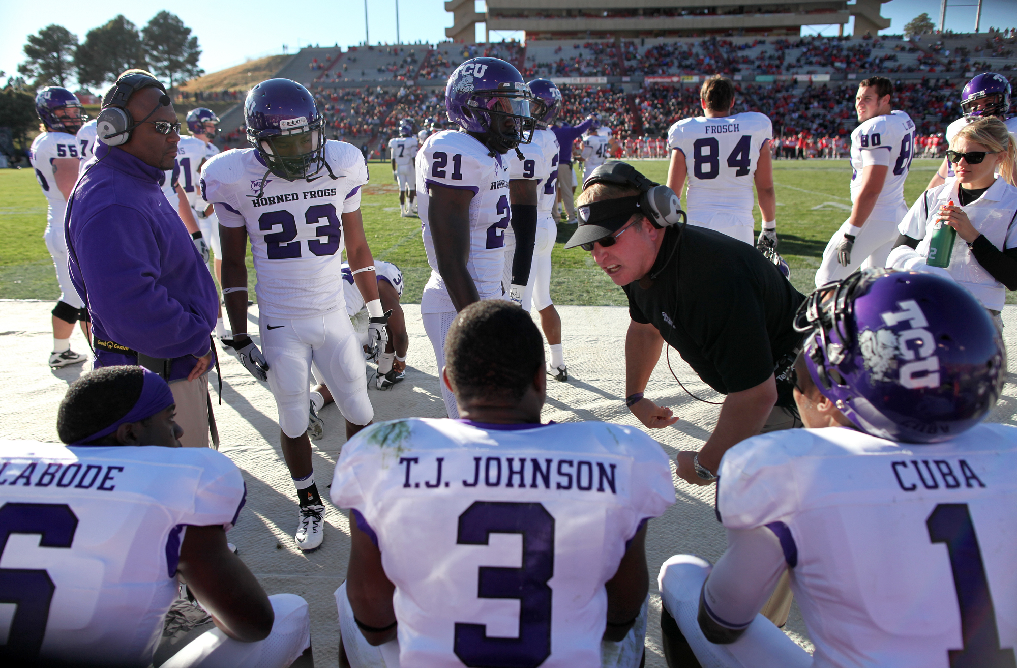 ALBUQUERQUE, NM - NOVEMBER 27: Head coach Gary Patterson (R) of the TCU Horned Frogs with his team on the sidelines during their 66-17 win over the University of New Mexico Lobos on November 27, 2010 at University Stadium in Albuquerque, New Mexico. (Phot